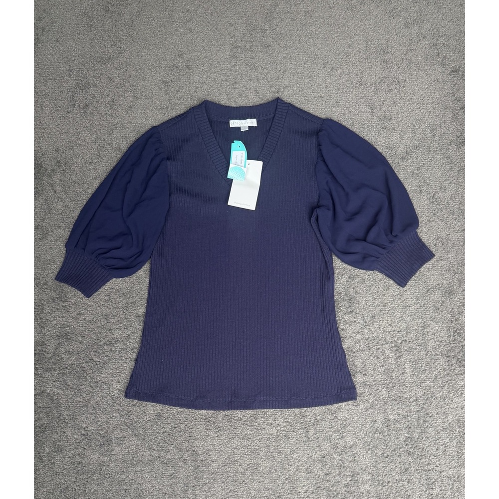 Design History Gracia Mixed Media V Neck Knit Top Navy Blue XS Puff Sleeve